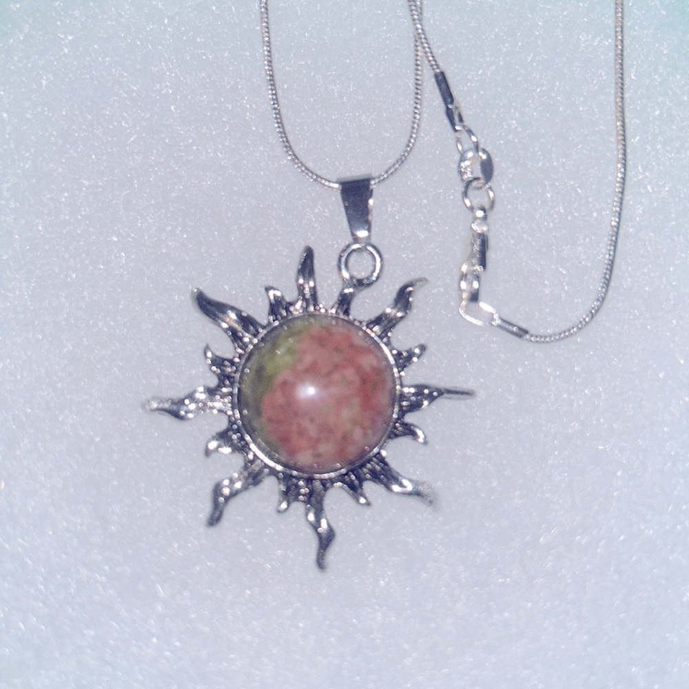 Boho hippie Unakite Crystal Sun Sterling Silver Necklace 30”